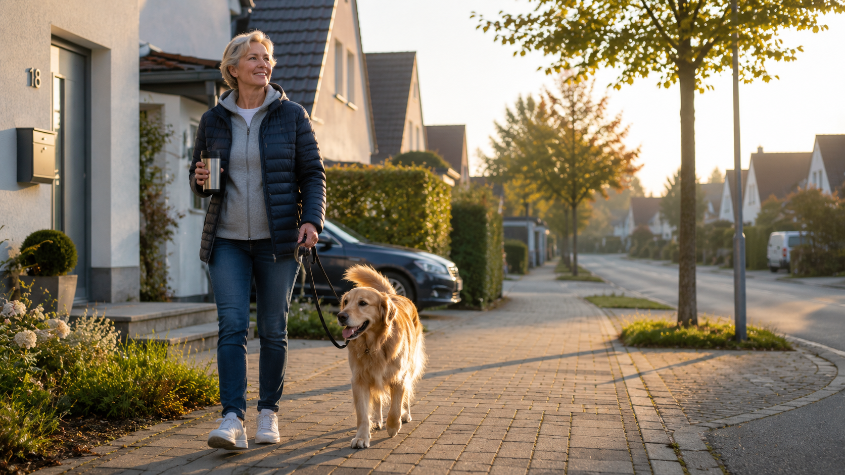 Frau mit Hund im Morgenlicht