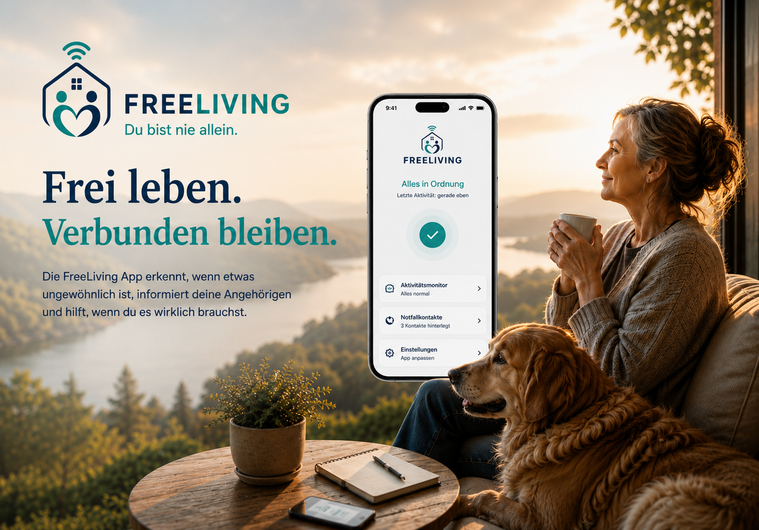 Frei leben. Verbunden bleiben. – Frau mit Hund auf dem Balkon und FreeLiving App